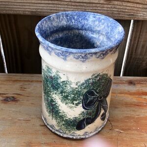 Blue & Green Heart Spongeware Pottery Crock Signed by Potter G Miller 6 1/4”H